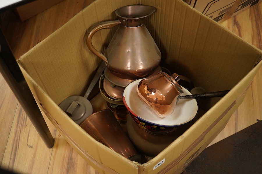 A collection of Victorian copper and fireside accessories, 96cm wide. Condition - varies